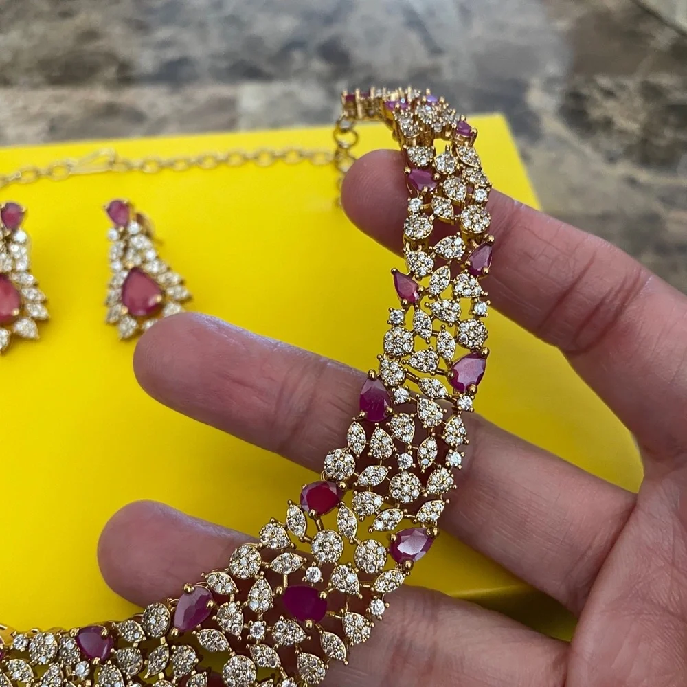 Gold-Tone Necklace & Earring Set with Pink Gem Accents